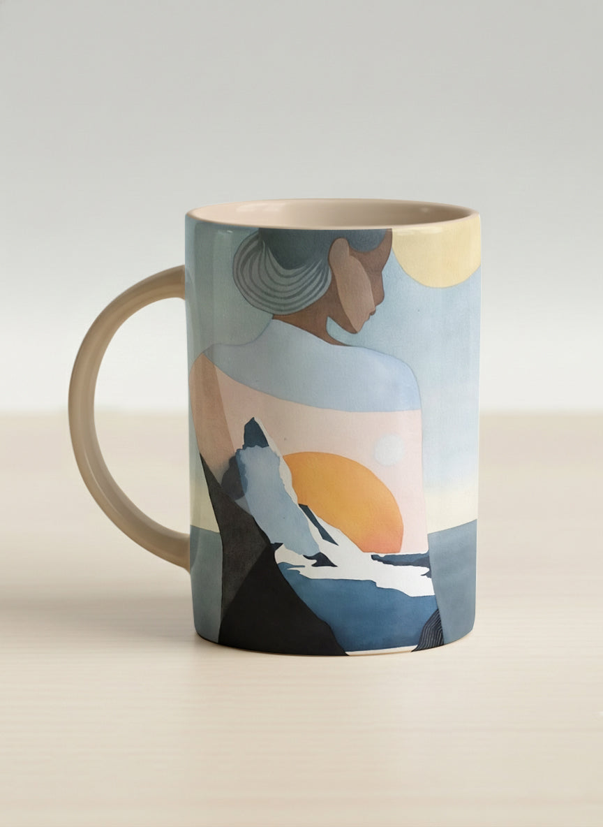 hero mug | A Mountain to Climb left view mug woman gazing over jagged peaks and a golden sun on teal horizon, butter yellow interior, by KikaG - Gallery By Inhesion