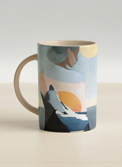 hero mug | A Mountain to Climb left view mug woman gazing over jagged peaks and a golden sun on teal horizon, butter yellow interior, by KikaG - Gallery By Inhesion