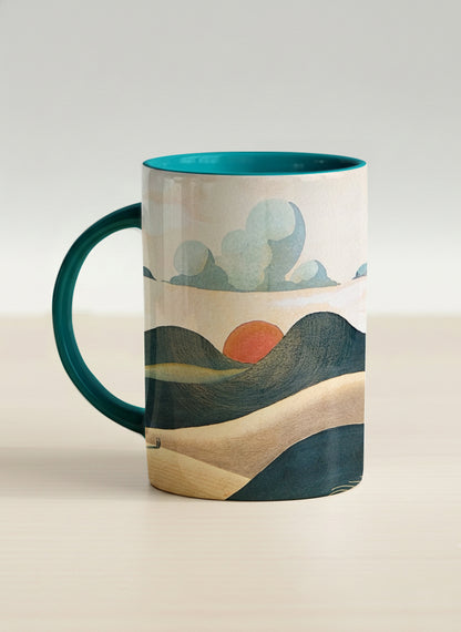 hero mug | Share a Sunset left view  mug a lone figure walking through rolling sand dunes beneath a glowing orange sun and layered teal clouds, deep teal interior and handle, by KikaG - Gallery By Inhesion