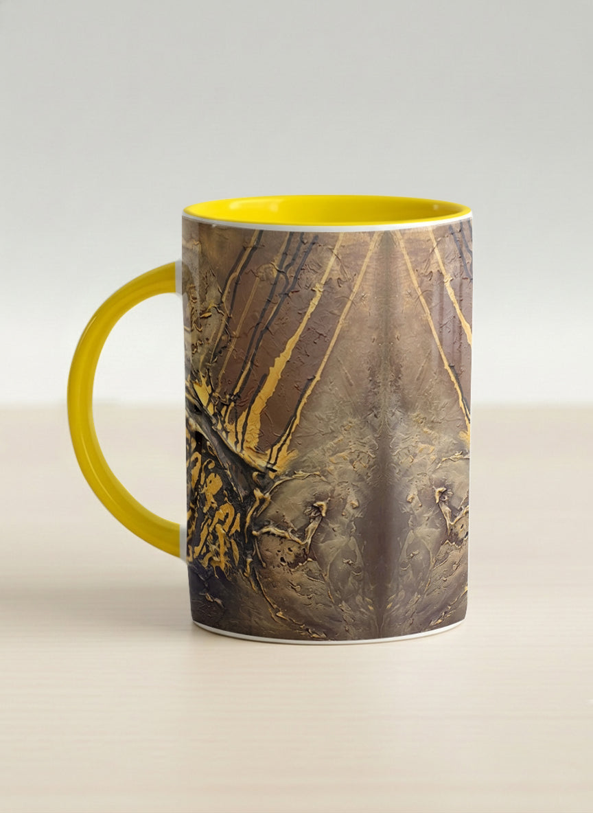 Hero Mug | Unfolding Luminance left view  mug showing abstract marbled pattern in brown, black, and gold tones by Mersedes Mein - Gallery By Inhesion