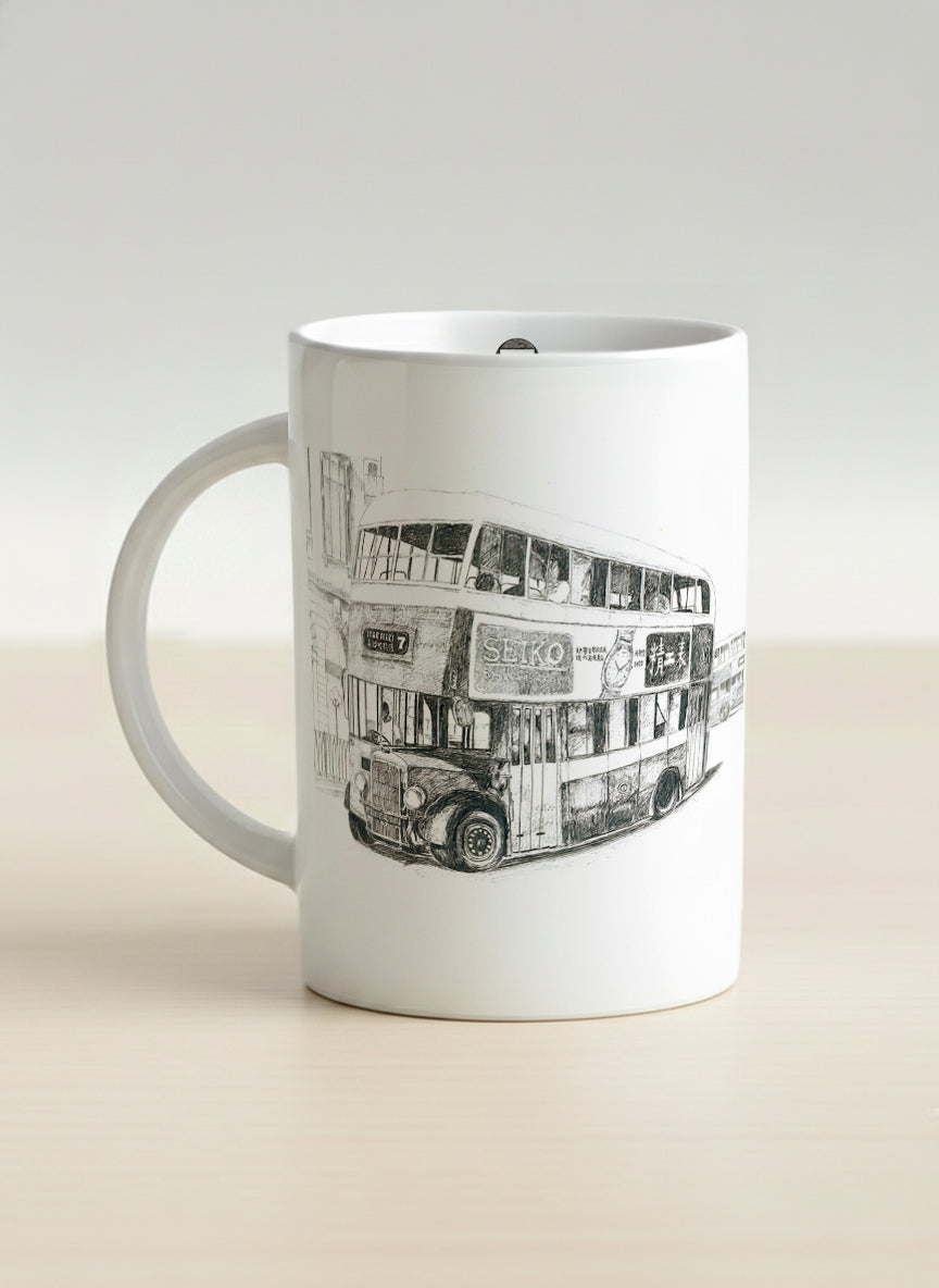 Hero Mug | Lines of the Past  left view mug showing a pen drawing bus in Hong Kong by Samuel Kwok - Gallery By Inhesion