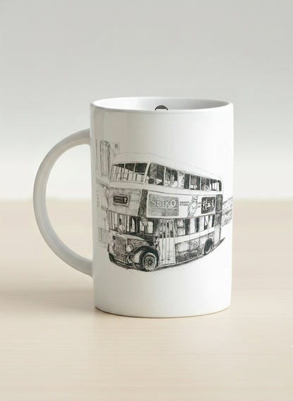 Hero Mug | Lines of the Past  left view mug showing a pen drawing bus in Hong Kong by Samuel Kwok - Gallery By Inhesion
