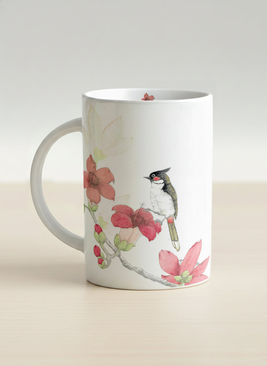 Hero Mug | The Radiance of Red Kapok left view mug with watercolor illustration of a red bird and pink flowers artwork by Alice Wong - Gallery By Inhesion
