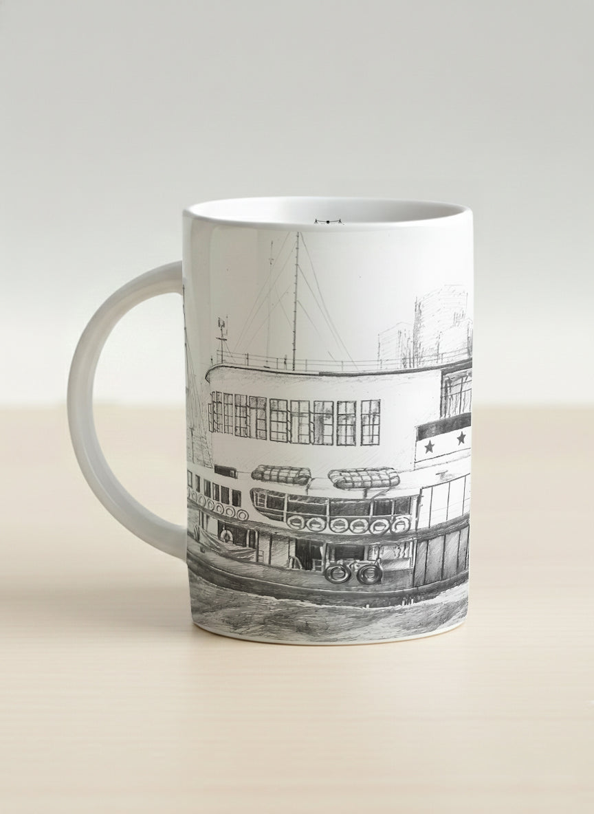 Hero Mug | The Star of the Harbor left view mug showing a sketch of Star Ferry Pier in Hong Kong by Samuel Kwok - Gallery By Inhesion