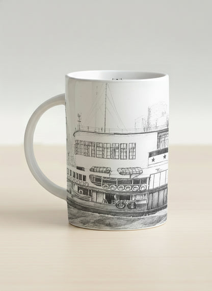 Hero Mug | The Star of the Harbor left view mug showing a sketch of Star Ferry Pier in Hong Kong by Samuel Kwok - Gallery By Inhesion