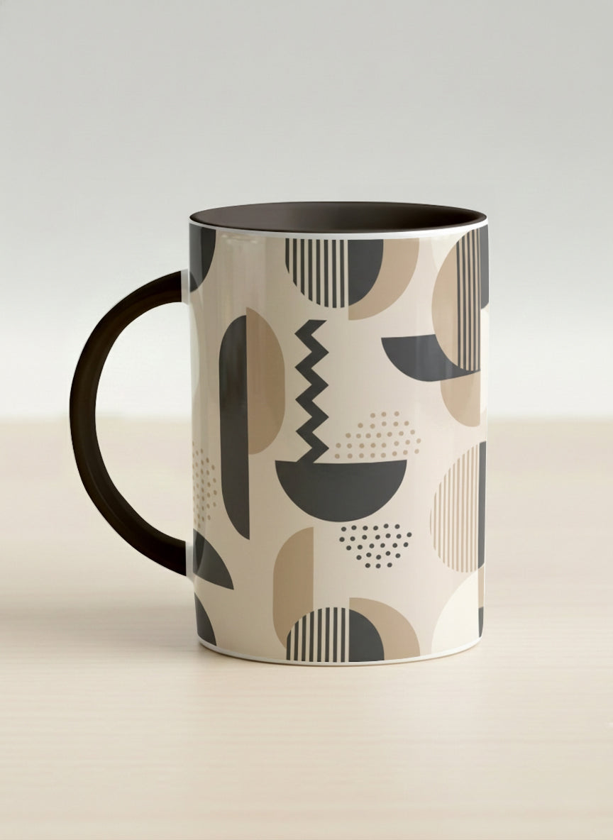 Hero Mug | Parallel Dune Echo left view mug, beige and charcoal geometric shapes with dots and stripes, dark interior and handle, by Alan CL Lee - Gallery By Inhesion