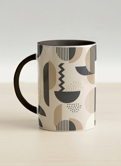 Hero Mug | Parallel Dune Echo left view mug, beige and charcoal geometric shapes with dots and stripes, dark interior and handle, by Alan CL Lee - Gallery By Inhesion