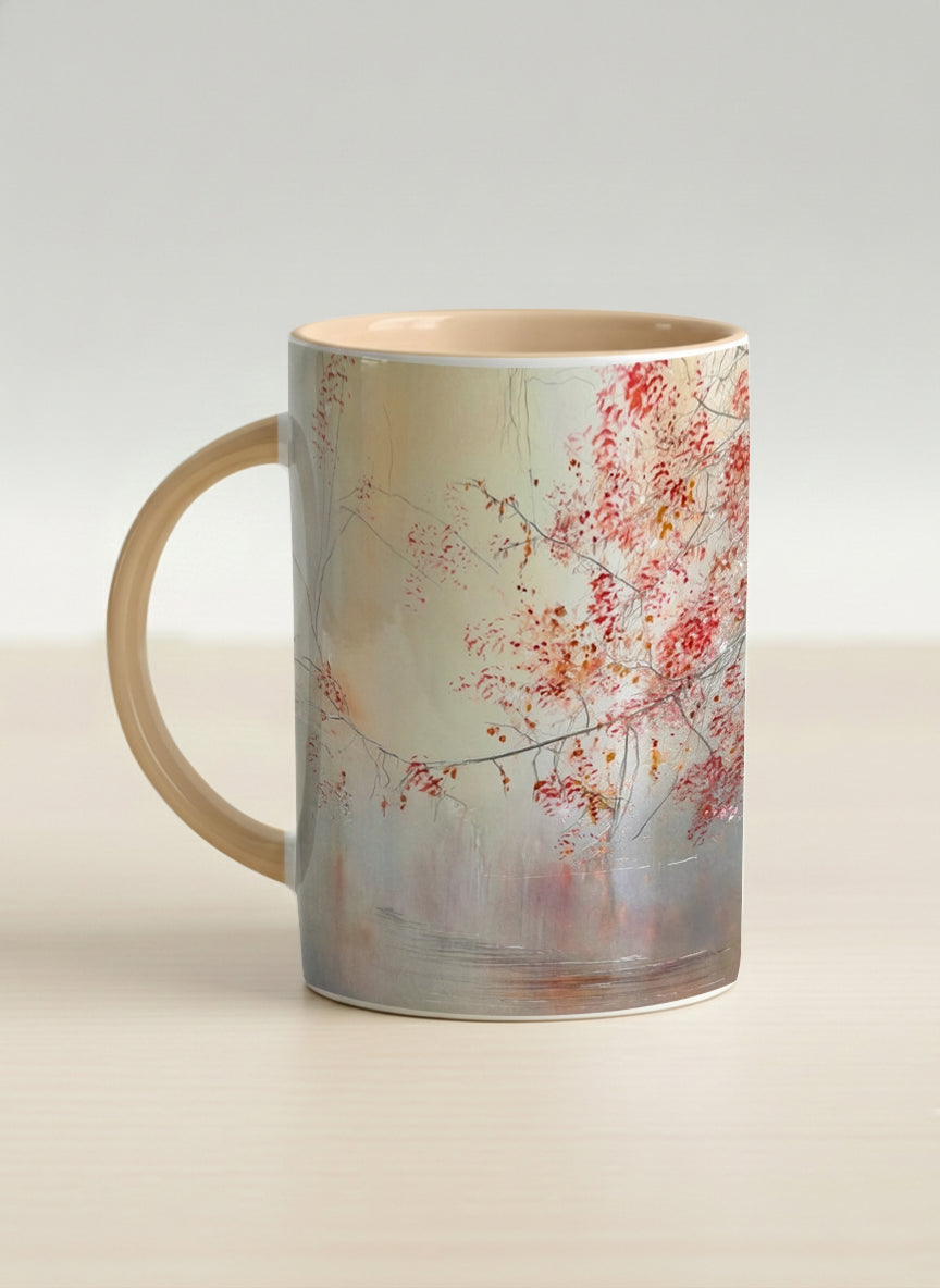 hero mug | Quiet Waters left view mug, delicate red blossoms and fine branches drifting across a soft celadon mist, warm cream interior and handle, by Karina Mosser - Gallery By Inhesion