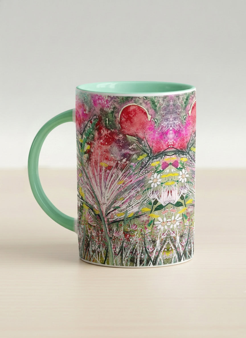Hero Mug | Garden Mantra left view mug with a vibrant floral design and colorful abstract pattern by Renee Pupetz - Gallery By Inhesion