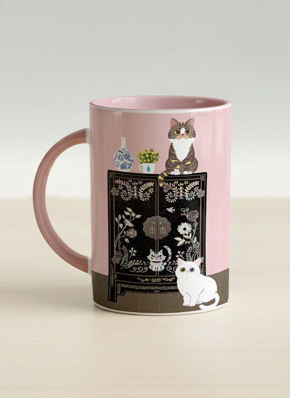 Hero Mug | Korean Beauty & Felines left view mug cats by ornate black lacquer cabinet with floral carvings, blush pink interior, by Hyun Jung Cho