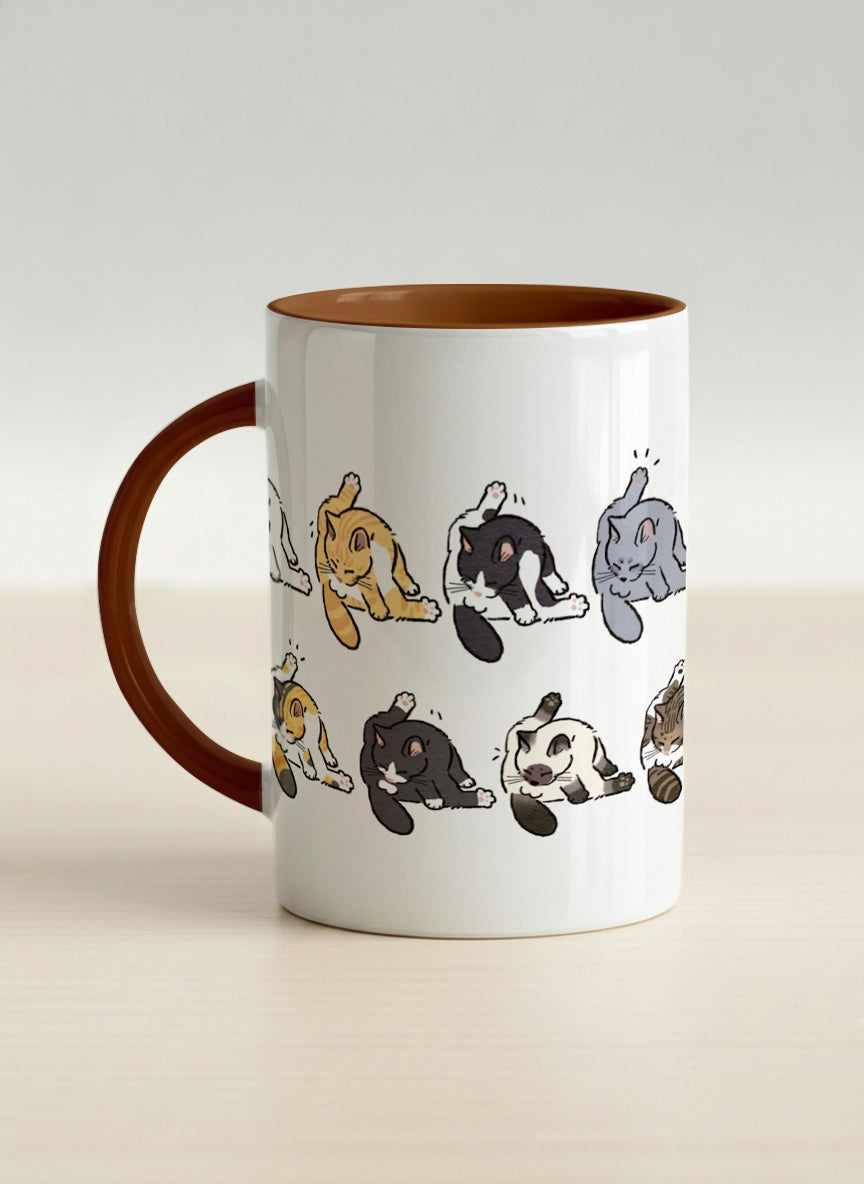 hero Mug | The Grooming Club left view mug eight cats mid-stretch and self-groom in playful rows, soft grey interior and handle, by Hyun Jung Cho