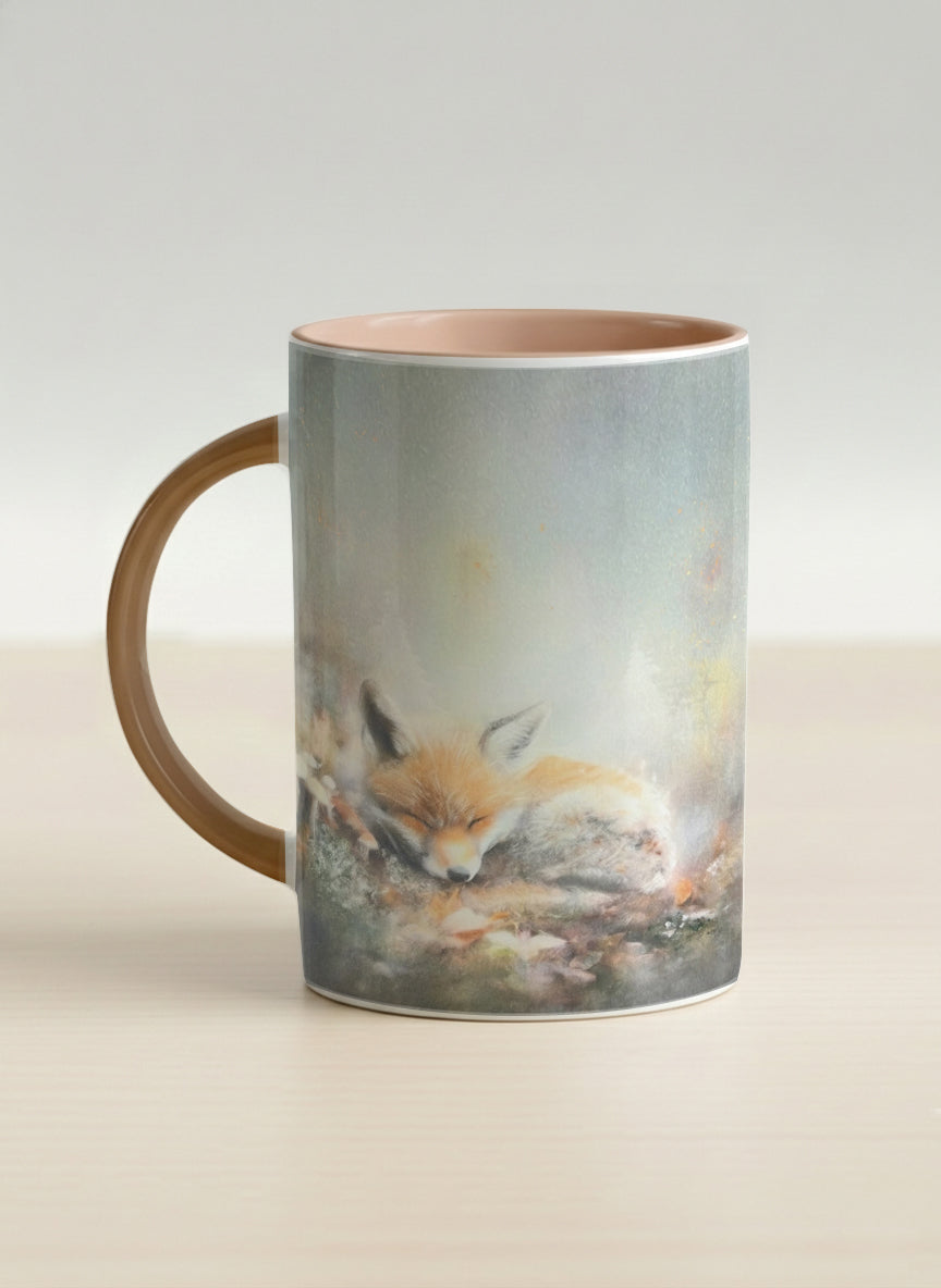 Hero mug | Lullaby left view mug, sleeping fox curled in a soft misty meadow, warm terracotta interior and handle, by Karina Mosser - Gallery By Inhesion