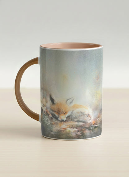 Hero mug | Lullaby left view mug, sleeping fox curled in a soft misty meadow, warm terracotta interior and handle, by Karina Mosser - Gallery By Inhesion