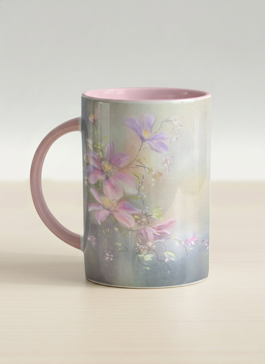Hero mug | Ethereal Blossoms left view mug, soft pink clematis flowers glowing against a deep moody sage green mist, blush pink interior and handle, by Karina Mosser - Gallery By Inhesion