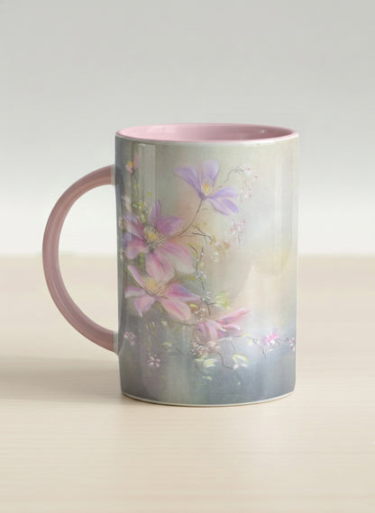 Hero mug | Ethereal Blossoms left view mug, soft pink clematis flowers glowing against a deep moody sage green mist, blush pink interior and handle, by Karina Mosser - Gallery By Inhesion