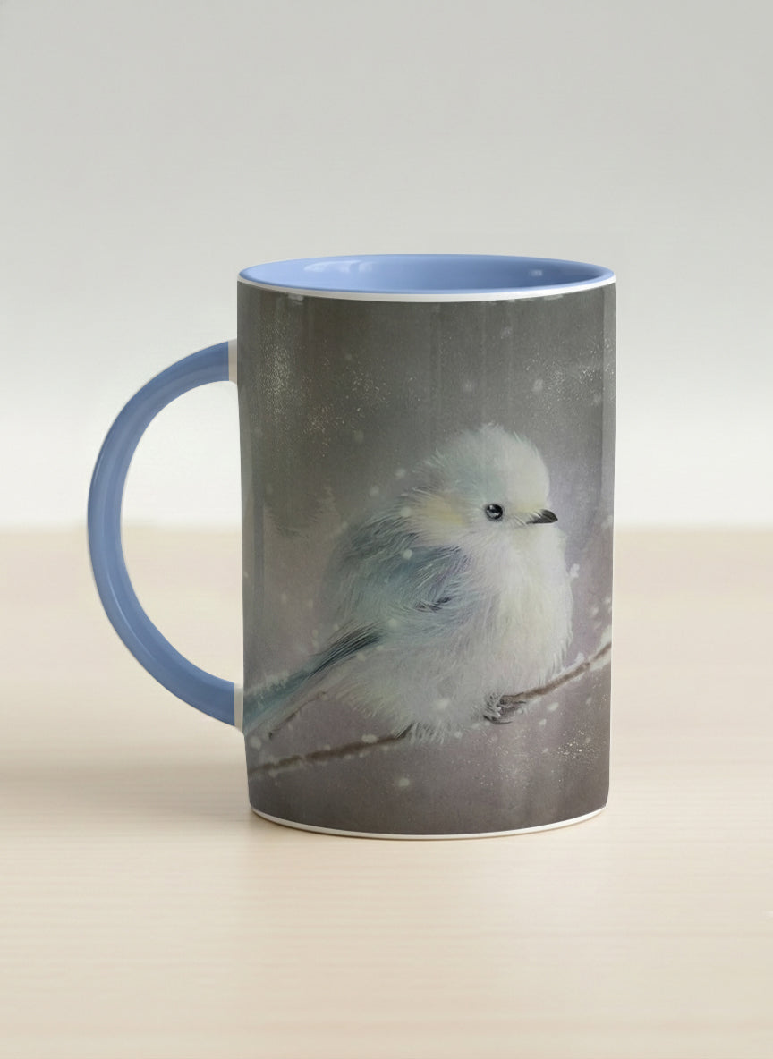 hero mug | A Moment in the Snow left view mug, a fluffy white bird perched quietly in a soft wintry haze, sky blue interior and handle, by Karina Mosser - Gallery By Inhesion