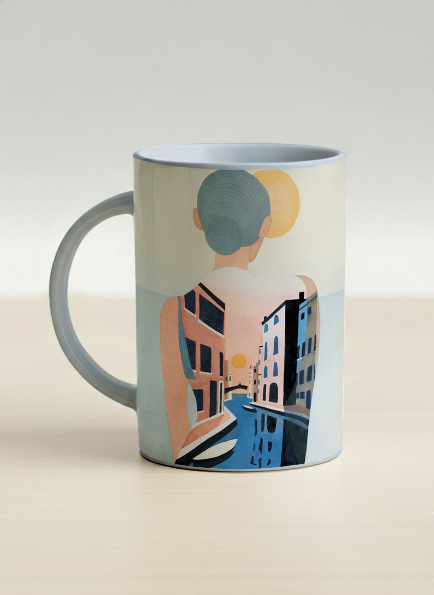 Hero mug | Memory on the Bridge left view mug a solitary figure gazing over a sunlit Venetian canal lined with terracotta buildings, soft powder blue interior and handle, by KikaG - Gallery By Inhesion