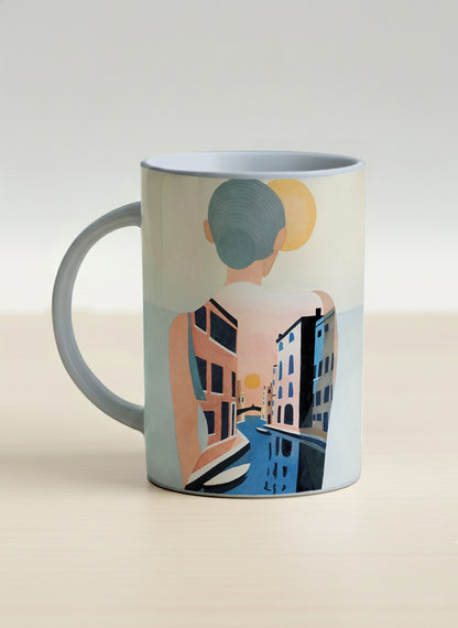 Hero mug | Memory on the Bridge left view mug a solitary figure gazing over a sunlit Venetian canal lined with terracotta buildings, soft powder blue interior and handle, by KikaG - Gallery By Inhesion