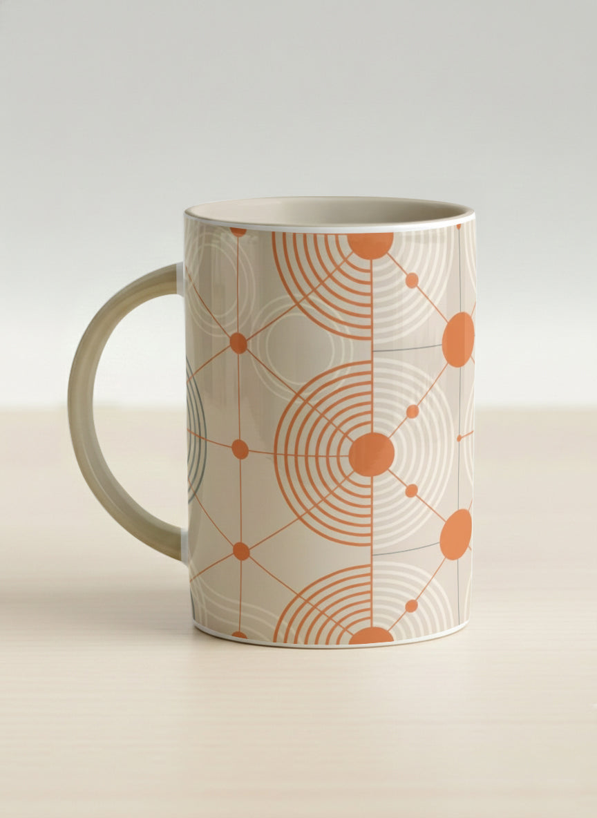 Hero Mug | Entangled Terracotta Web left view mug, orange geometric circle pattern, cream finish, by Alan CL Lee - Gallery By Inhesion