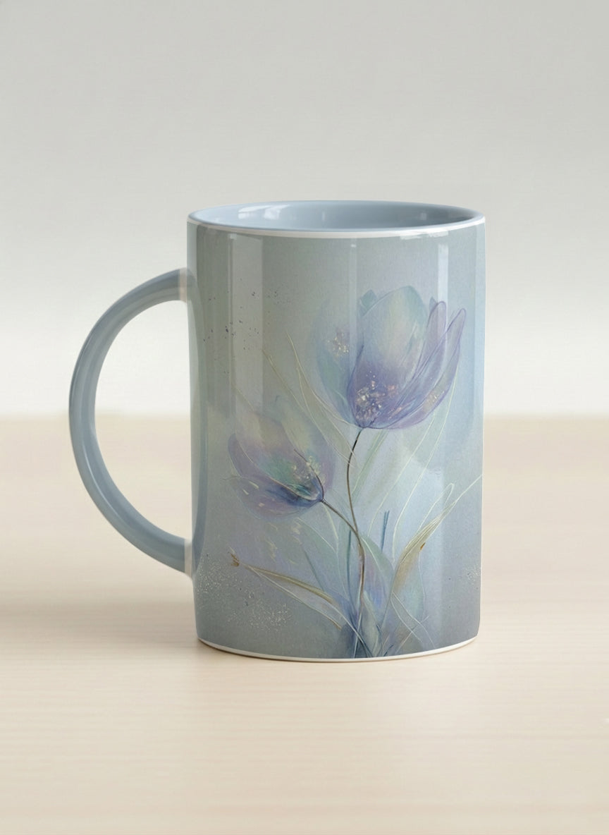 hero mug | Glass Petals left view mug, a delicate translucent poppy bloom emerging from a soft misty blue-grey wash, matching powder blue interior and handle, by Karina Mosser - Gallery By Inhesion