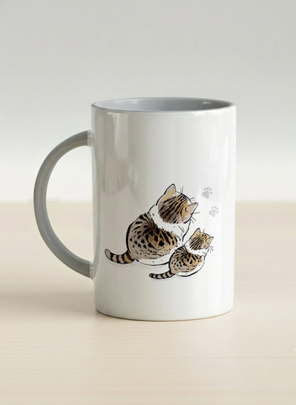 hero mug | By Your Side side view mug with two cats and paw prints, by Hyun Jung Cho- Gallery By Inhesion