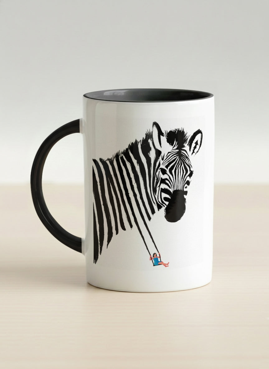 Hero Mug | Swinging between reality and illusion left view mug with a zebra illustration and a person swinging under it by Tang Yau Hoong - Gallery By Inhesion