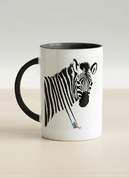 Hero Mug | Swinging between reality and illusion left view mug with a zebra illustration and a person swinging under it by Tang Yau Hoong - Gallery By Inhesion