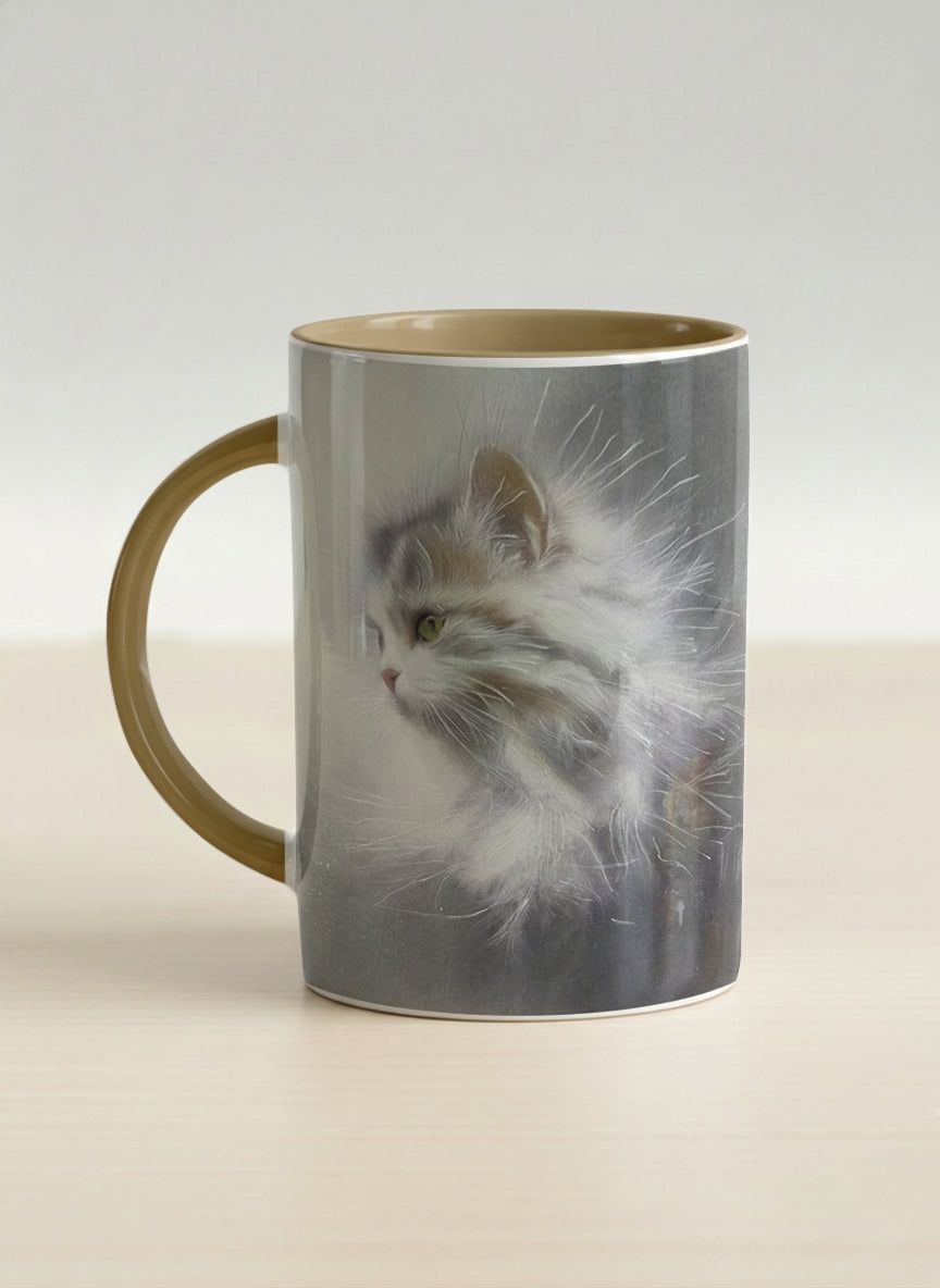 hero Mug | Wild and Free left view mug, photorealistic cat portrait emerging from a soft smoky mist, warm beige interior and handle, by Karina Mosser - Gallery By Inhesion