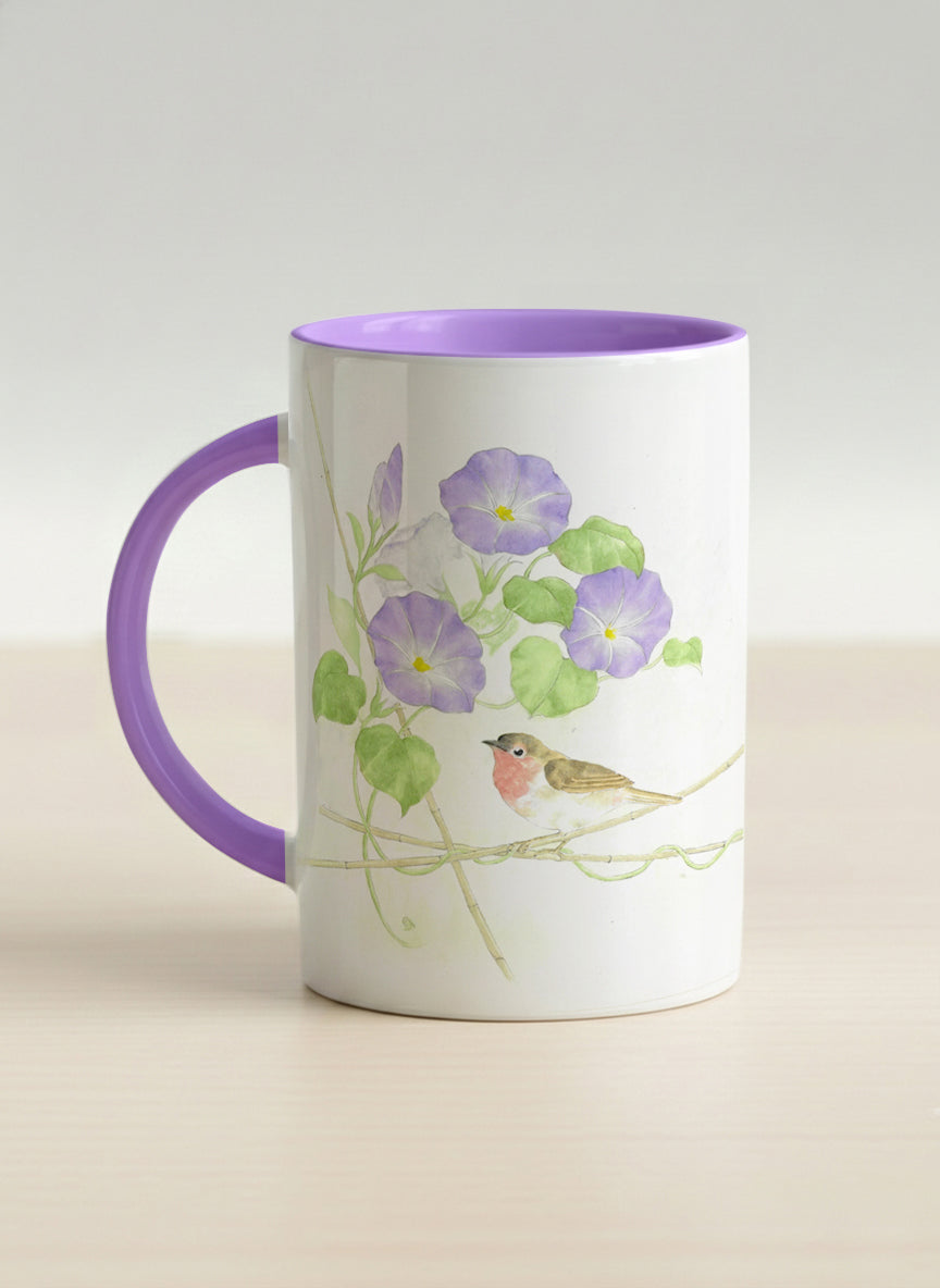 Hero Mug | Morning Glory left view mug with watercolor bird and purple flowers artwork by Alice Wong - Gallery By Inhesion