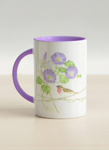 Hero Mug | Morning Glory left view mug with watercolor bird and purple flowers artwork by Alice Wong - Gallery By Inhesion
