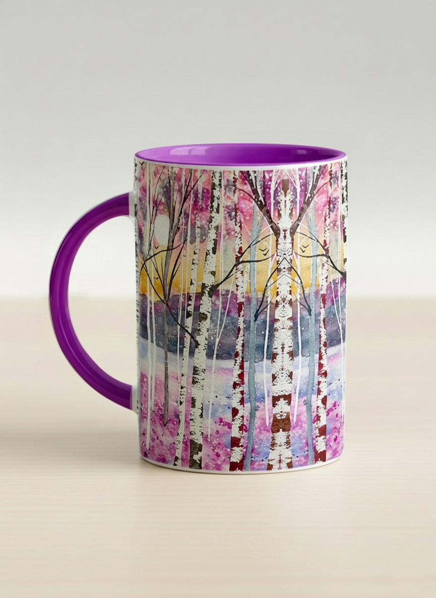 hero Mug | Living in Colour left view mug shows colorful watercolor birch trees in a dreamy forest landscape by Renee Pupetz - Gallery By Inhesion