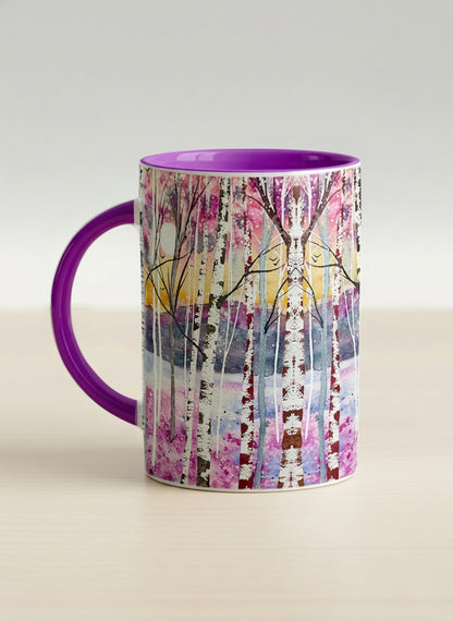 hero Mug | Living in Colour left view mug shows colorful watercolor birch trees in a dreamy forest landscape by Renee Pupetz - Gallery By Inhesion