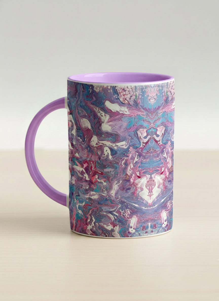 hero Mug | Blush Bloom left view mug with a vibrant, marbled pattern in pink and blue hues by Renee Pupetz - Gallery By Inhesion