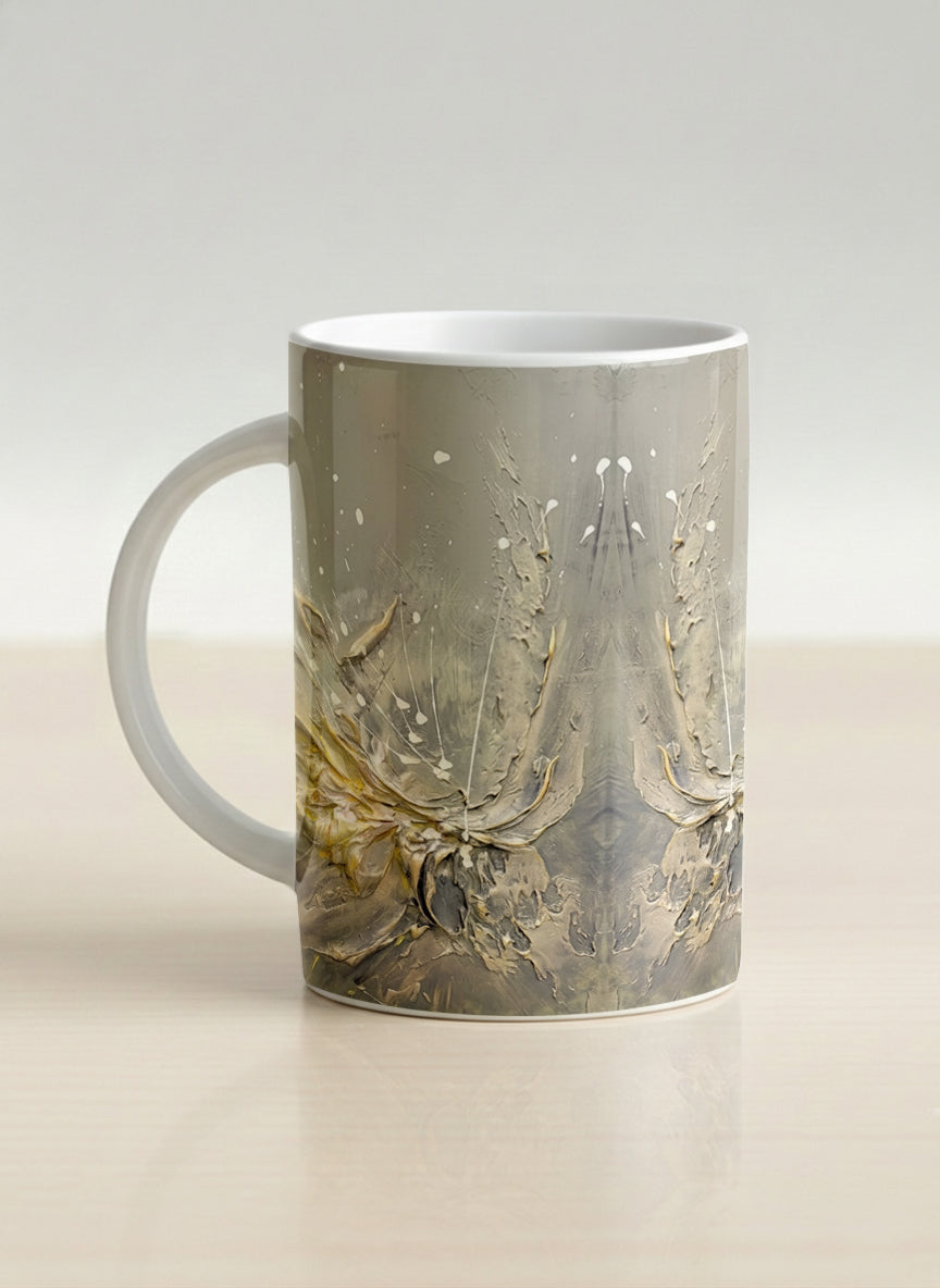 Hero Mug | Awakening left view mug showing textured floral design in muted grey-gold tones by Mersedes Mein - Gallery By Inhesion