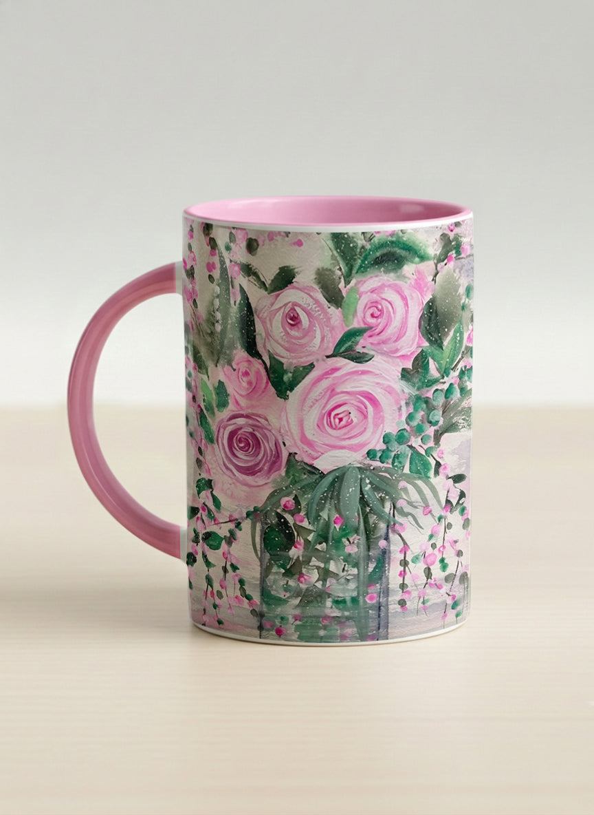 Hero Mug | Pink Roses in a Jar left view mug showing painted pink roses and greenery on a light background design by Renee Pupetz - Gallery By Inhesion