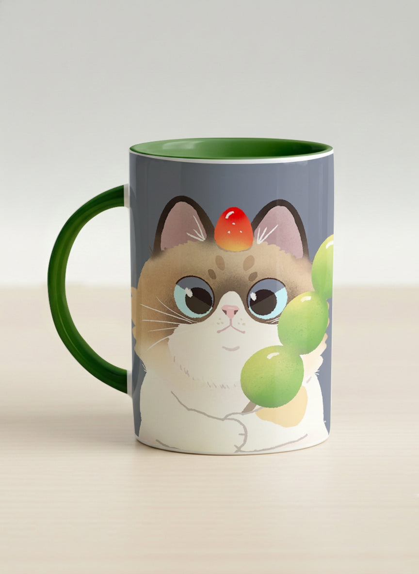 Hero Mug | My Shiny Treat left view mug grumpy fluffy cat clutching green grapes, tiny red mushroom hat, slate blue background, green interior, by Hyun Jung Cho