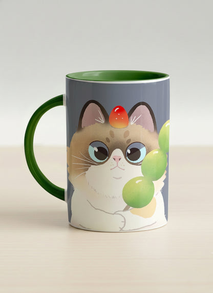 Hero Mug | My Shiny Treat left view mug grumpy fluffy cat clutching green grapes, tiny red mushroom hat, slate blue background, green interior, by Hyun Jung Cho