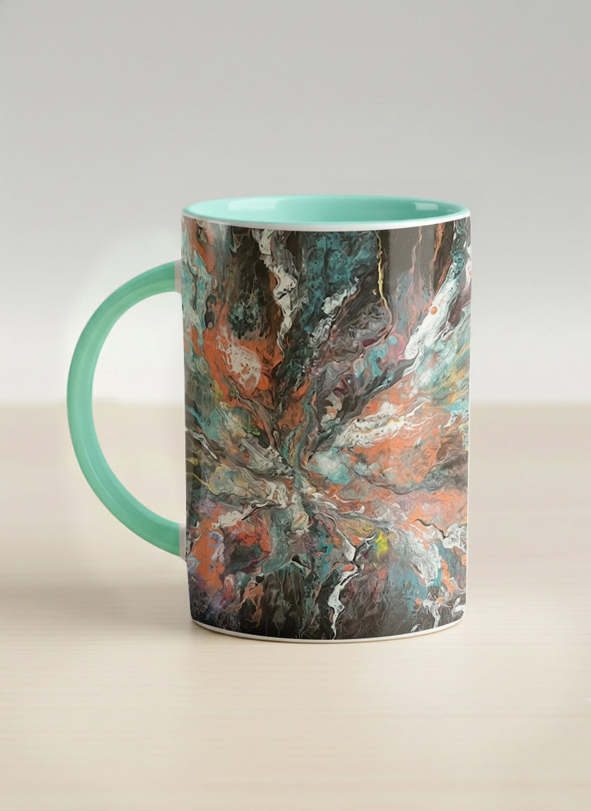 Hero Mug | Winged Light left view mug showing a fluid art painting with swirling, multicolored design by Renee Pupetz - Gallery By Inhesion
