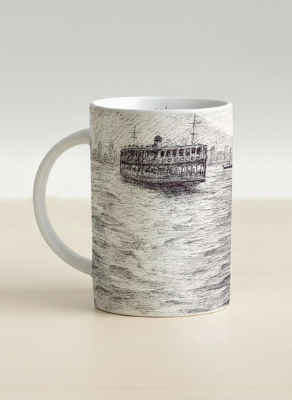 Hero Mug | Shimmering Passage left view mug showing a pen drawing Star Ferry in Hong Kong by Samuel Kwok - Gallery By Inhesion