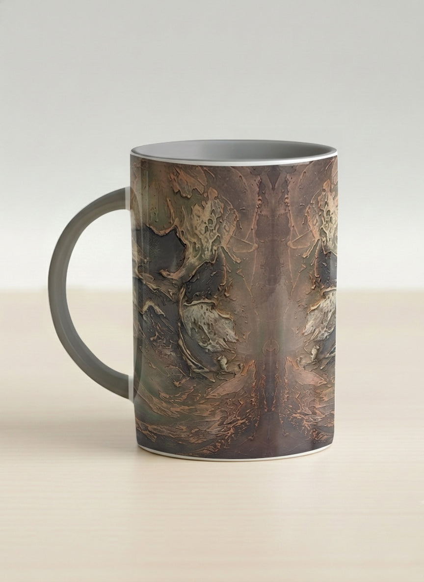 hero Mug | Memories of The Soul left view mug featuring abstract earth tones and natural patterns by Mersedes Mein - Gallery By Inhesion