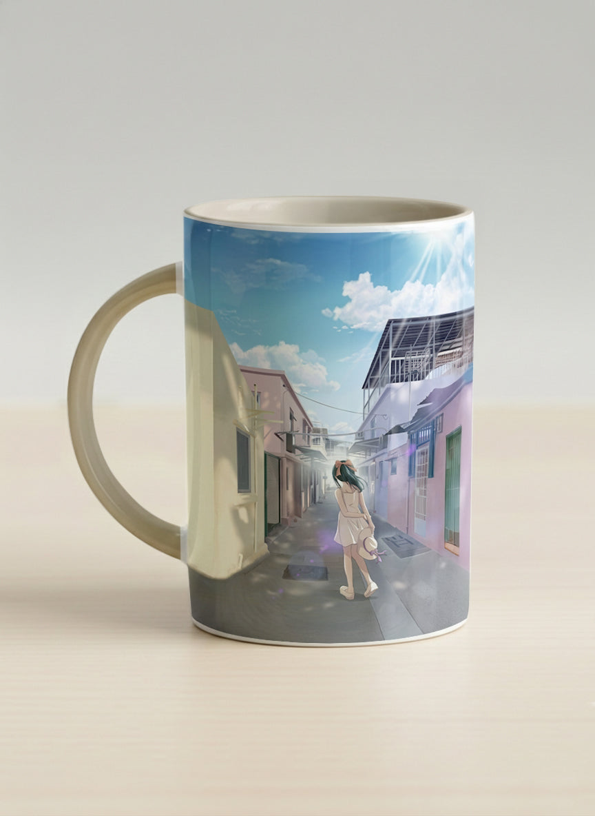 Hero Mug | The Secret Passage left view mug showing a colorful street scene with a girl walking in a vibrant alley by Samuel Kwok - Gallery By Inhesion