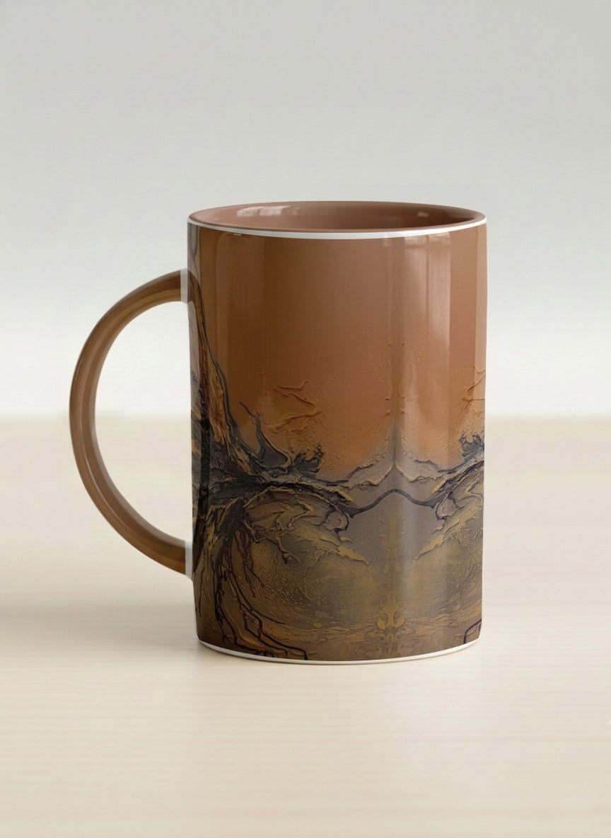 Hero Mug | Flowing Essence left view mug showing abstract marbled pattern in brown, black, and gold tones by Mersedes Mein - Gallery By Inhesion