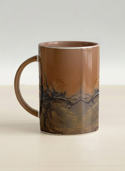 Hero Mug | Flowing Essence left view mug showing abstract marbled pattern in brown, black, and gold tones by Mersedes Mein - Gallery By Inhesion
