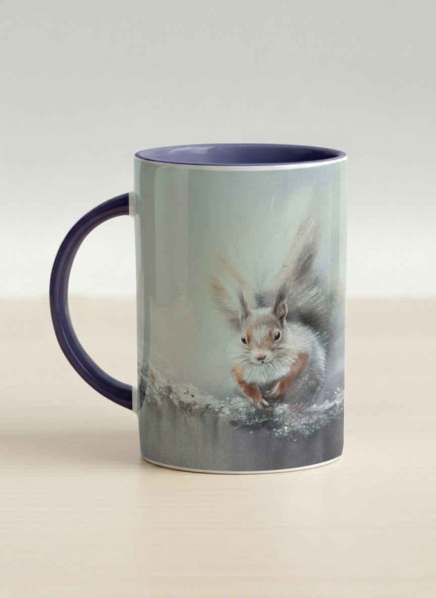 Hero mug | Caught in Frost left view mug, wide-eyed squirrel emerging from a misty winter ground, slate blue interior and handle, by Karina Mosser - Gallery By Inhesion