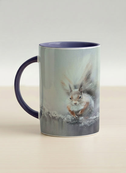 Hero mug | Caught in Frost left view mug, wide-eyed squirrel emerging from a misty winter ground, slate blue interior and handle, by Karina Mosser - Gallery By Inhesion