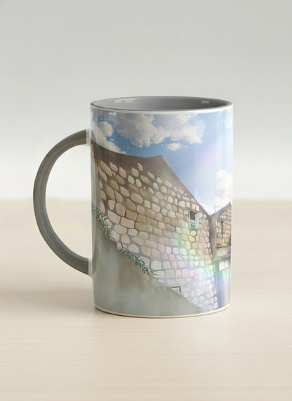 Hero Mug | The Timeless Facade left view mug ancient stone walls rising under a bright blue sky with soft drifting clouds, clean pearl white interior and handle,  by Samuel Kwok Gallery By Inhesion