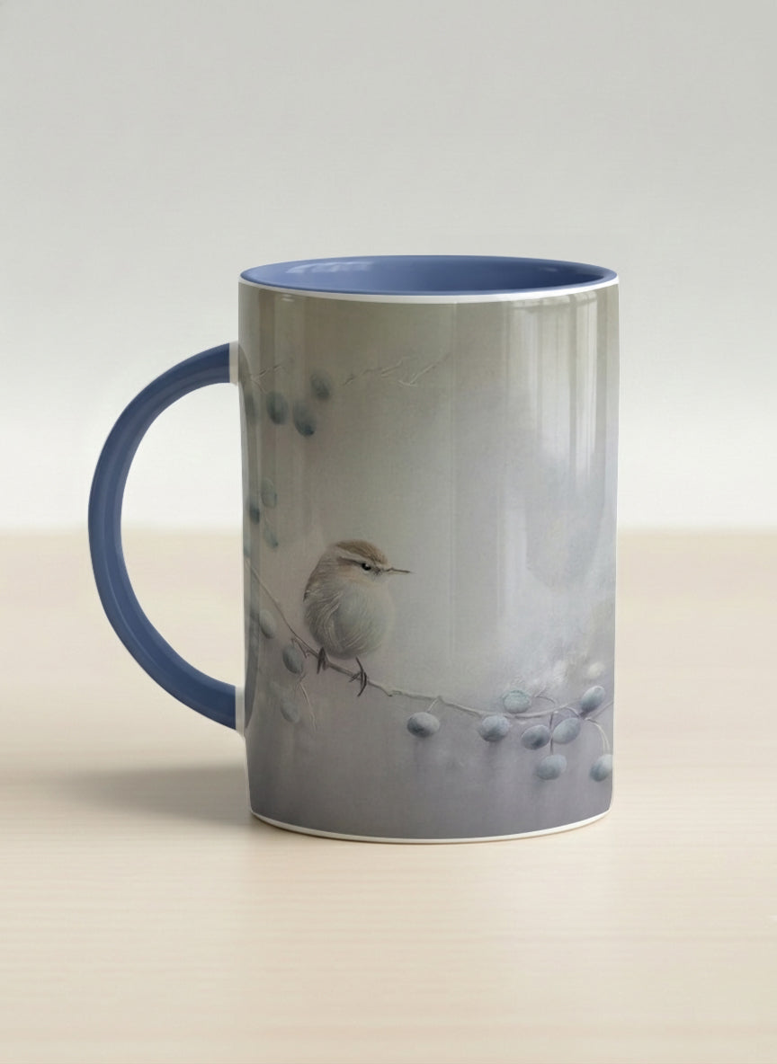 hero mug | A Quiet Moment left view mug, solitary bird perched in a soft misty landscape with delicate dot details, dusty blue interior and handle, by Karina Mosser - Gallery By Inhesion