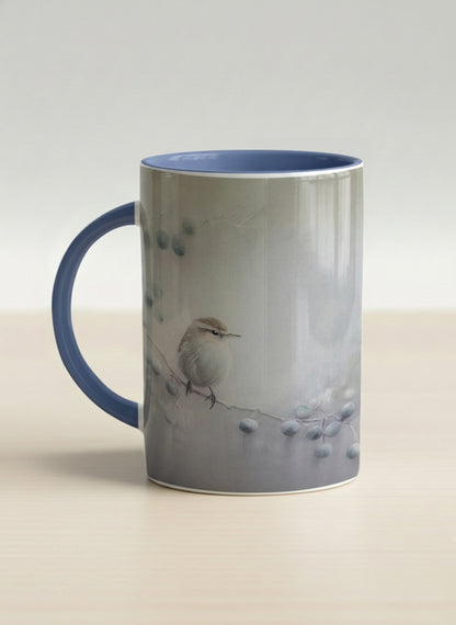 hero mug | A Quiet Moment left view mug, solitary bird perched in a soft misty landscape with delicate dot details, dusty blue interior and handle, by Karina Mosser - Gallery By Inhesion