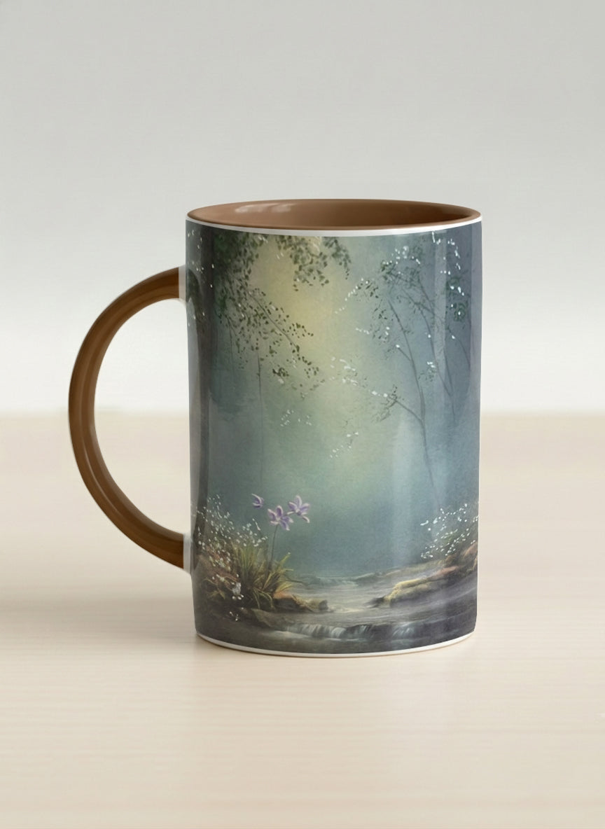 Hero mug | Serenity Stream left view mug, an enchanted forest with glowing light filtering through misty teal trees and wildflowers by a stream, warm olive interior and handle, by Karina Mosser - Gallery By Inhesion