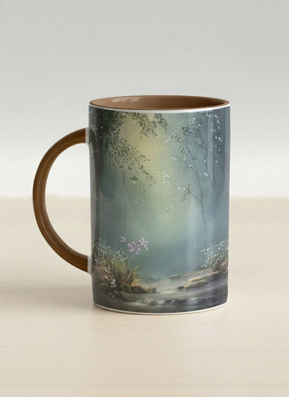 Hero mug | Serenity Stream left view mug, an enchanted forest with glowing light filtering through misty teal trees and wildflowers by a stream, warm olive interior and handle, by Karina Mosser - Gallery By Inhesion